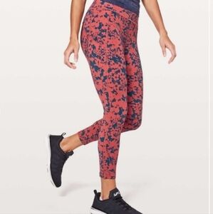 Lululemon High Waisted Floral Print Leggings Red Blue Athletic Yoga Pants 8